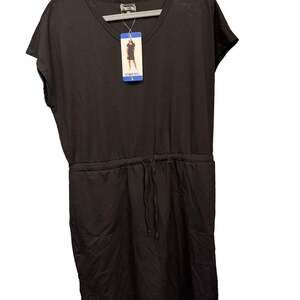 32 Degrees Cool Soft Lux Short Sleeve Ruched Drawstring Waist Dress Black